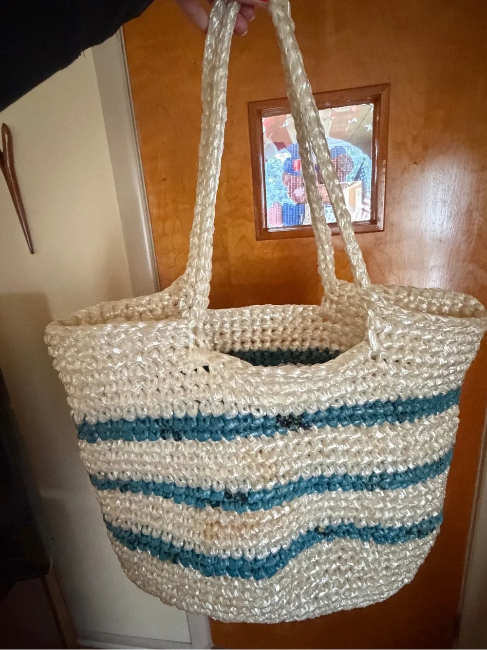 Handwoven with plastic Cream and Blue Striped Tote Bag